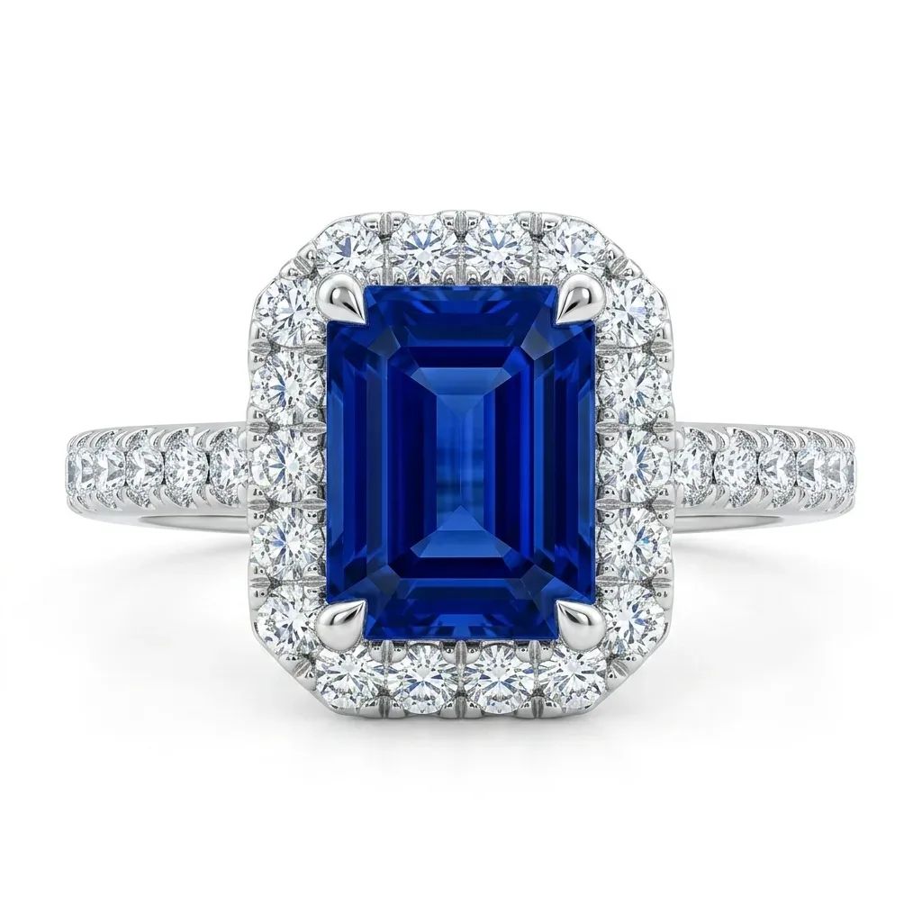 Emerald Cut Sapphire & Diamond Halo Engagement Ring in 950 Platinum