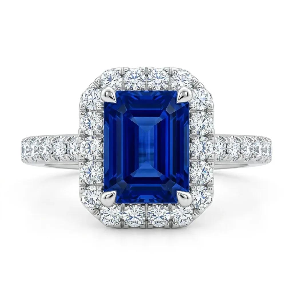 Emerald Cut Sapphire & Diamond Halo Engagement Ring in 950 Platinum