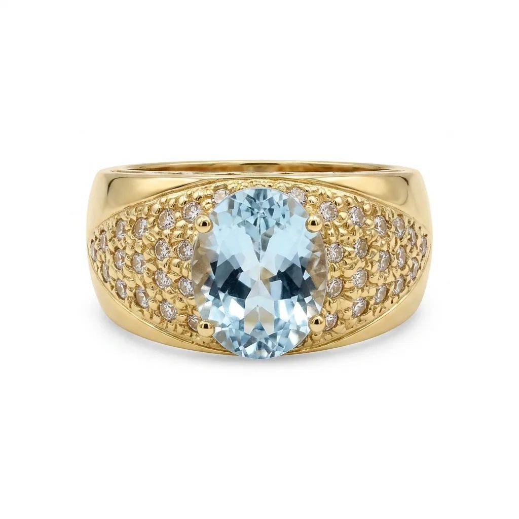 Oval Aquamarine & Diamond Pave Ring in 18ct Yellow Gold