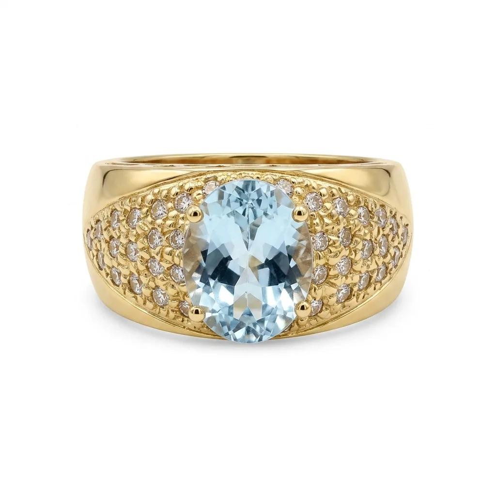 Oval Aquamarine & Diamond Pave Ring in 18ct Yellow Gold
