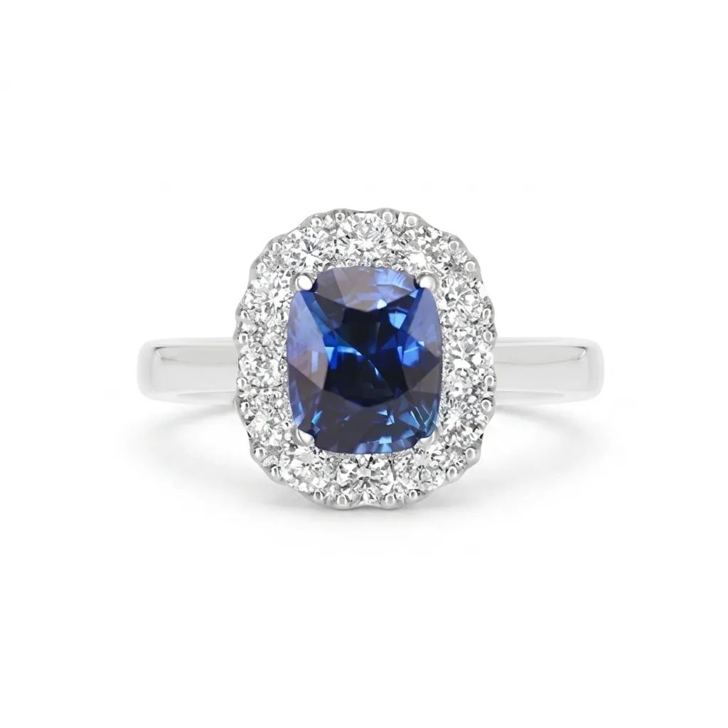 Luminosa Cushion Ceylon Sapphire Ring with Diamonds, GRS Cert