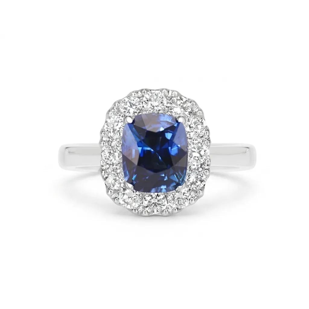 Luminosa Cushion Ceylon Sapphire Ring with Diamonds, GRS Cert