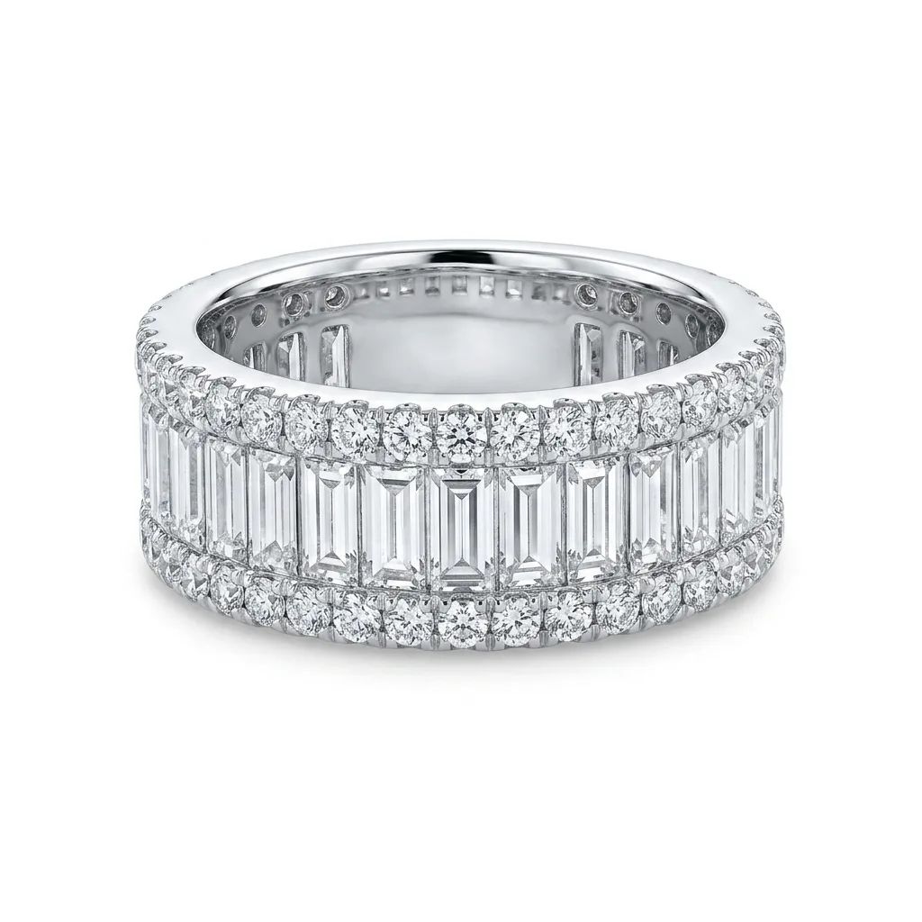 Baguette & Round Wedding Band in 18ct White Gold, FVS
