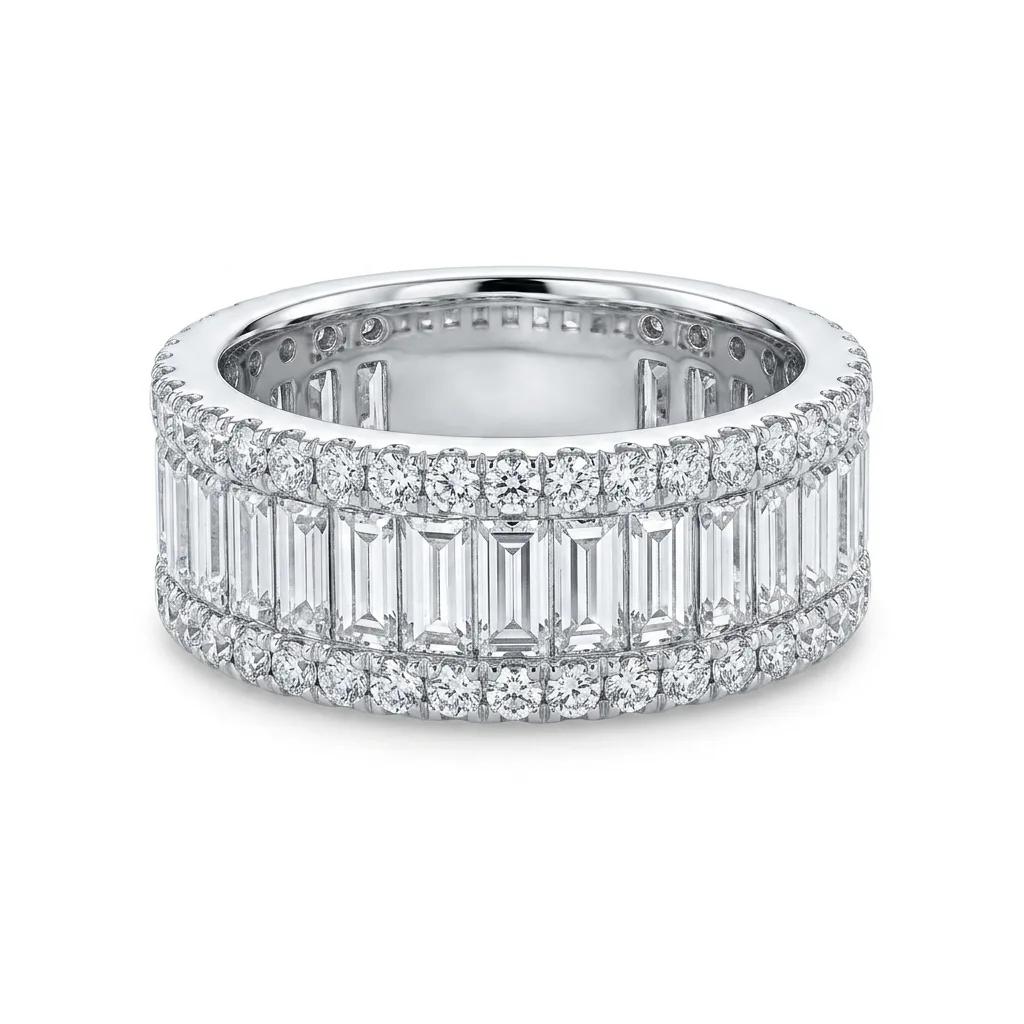 Baguette & Round Wedding Band in 18ct White Gold, FVS