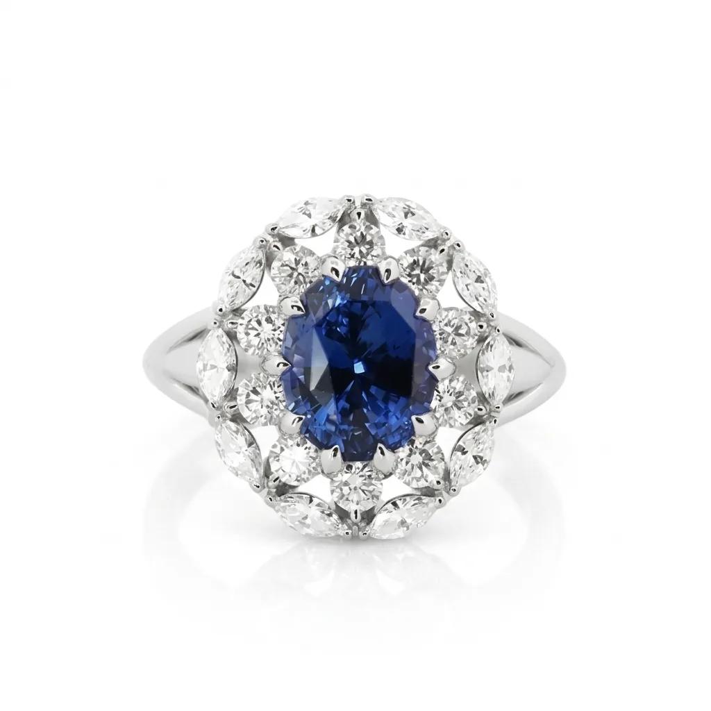 Art Deco Ceylon Sapphire & Duble Diamond Halo Ring in 950 Platinum