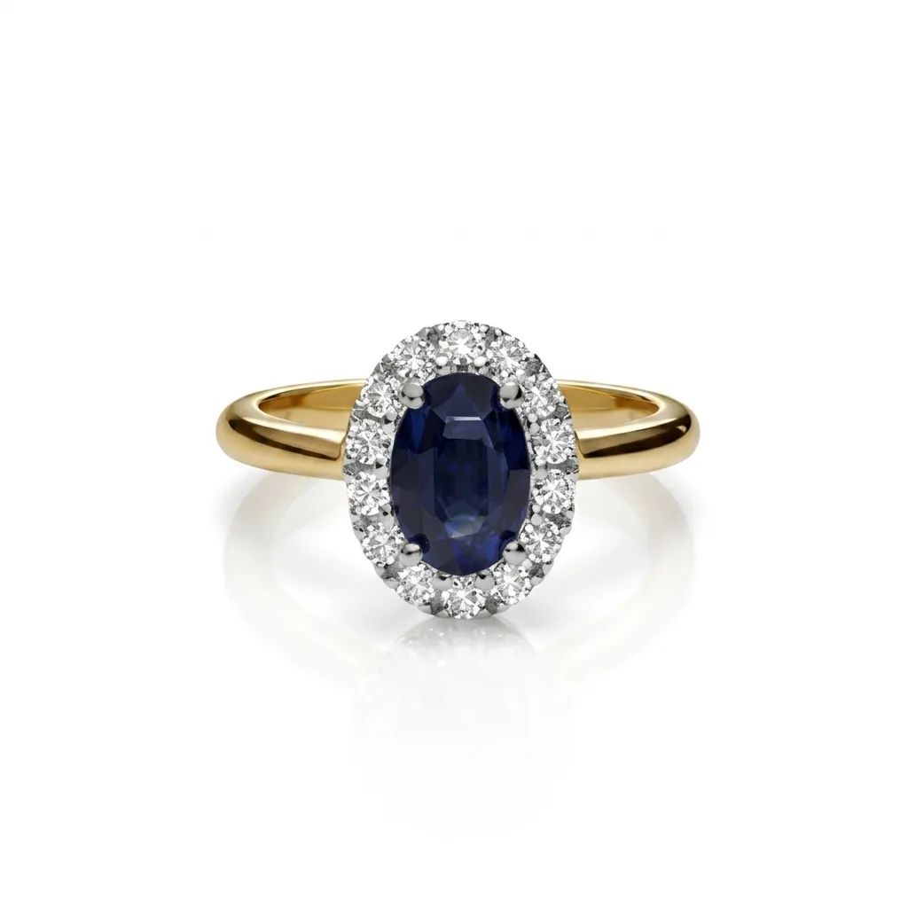 Ceylon Sapphire & Diamond Halo Engagement Ring in 18ct Two Tone Gold