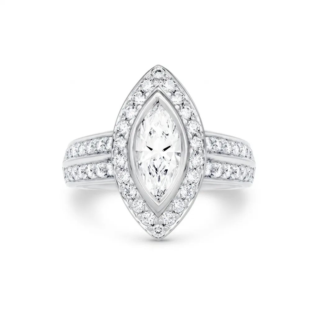 Bezel Marquise Diamond Pave Halo & Two Row Band Ring in 18ct White Gold