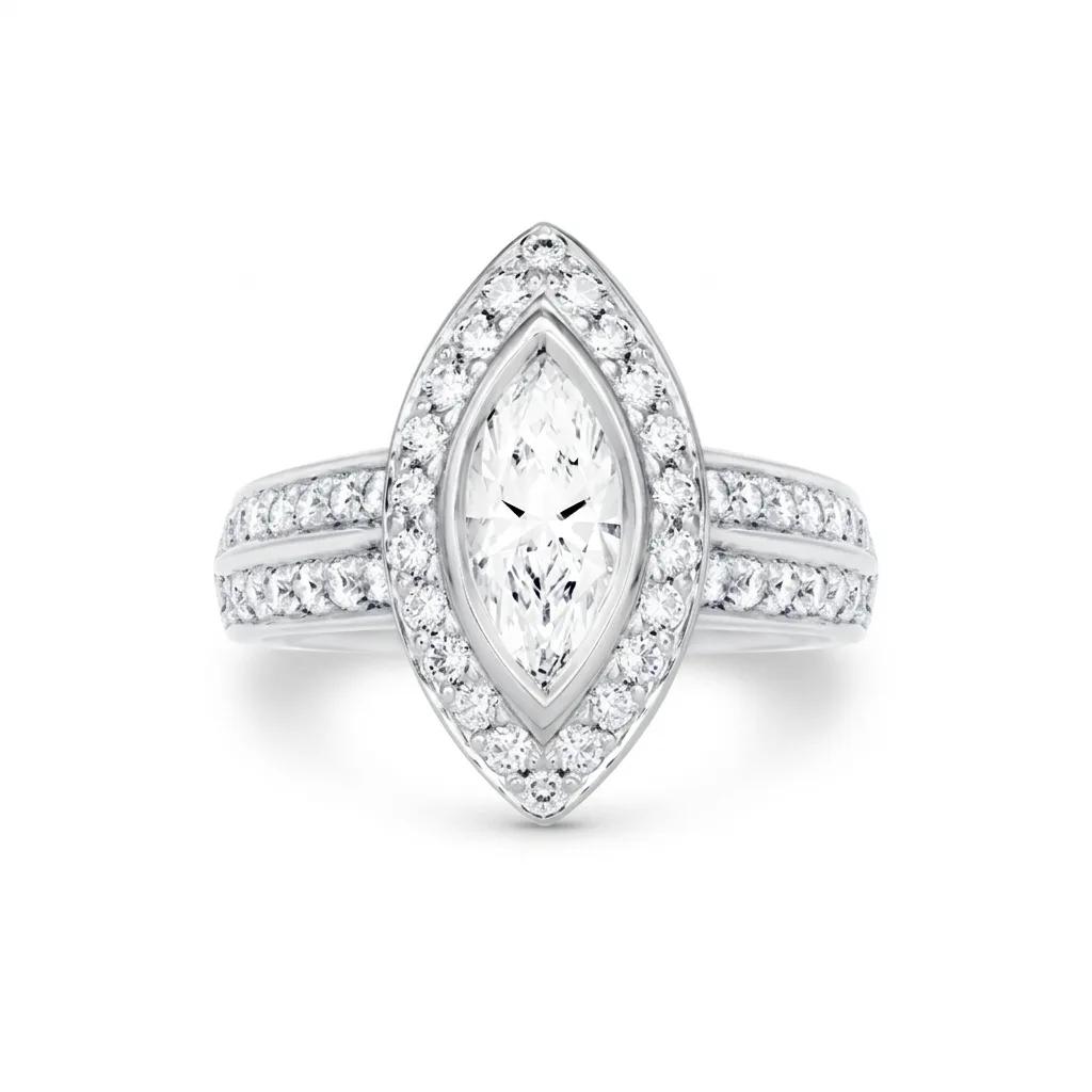 Bezel Marquise Diamond Pave Halo & Two Row Band Ring in 18ct White Gold