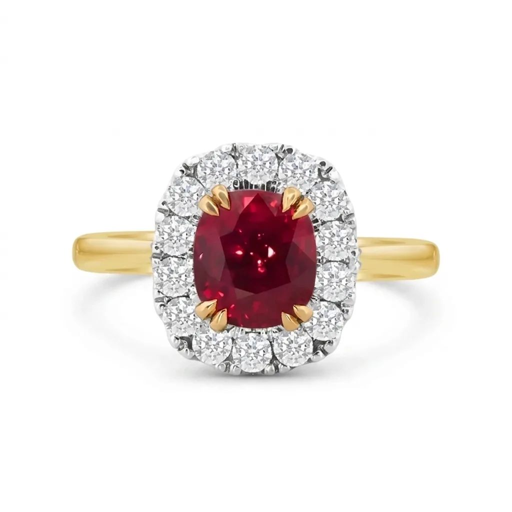 Cushion-cut Burmese Ruby & Diamond Halo Ring in 18ct Yellow Gold
