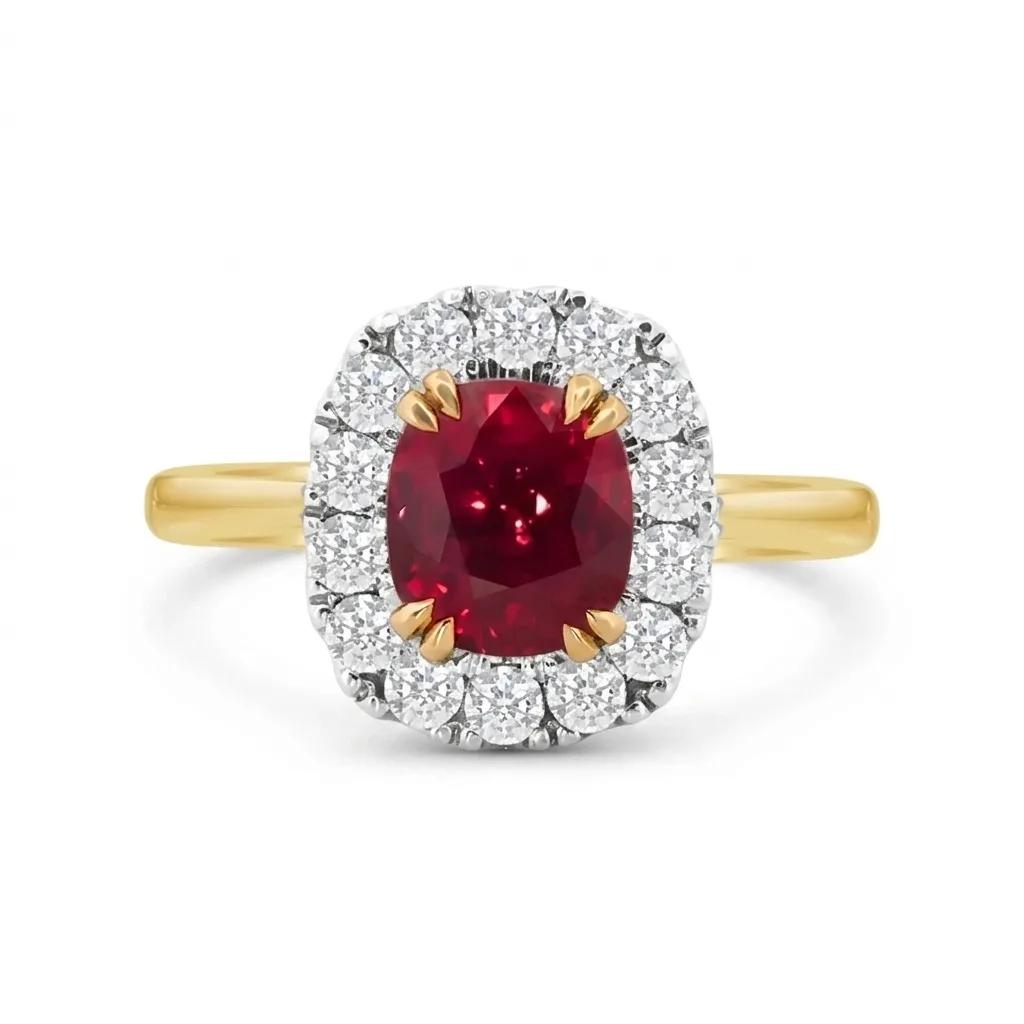 Cushion-cut Burmese Ruby & Diamond Halo Ring in 18ct Yellow Gold
