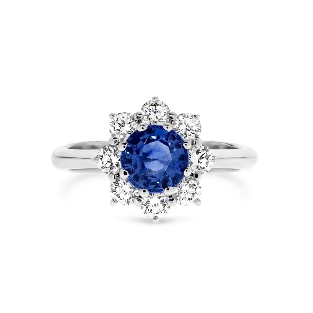 Blue Sapphire & Diamond Flower Halo Engagement Ring in 18ct White Gold