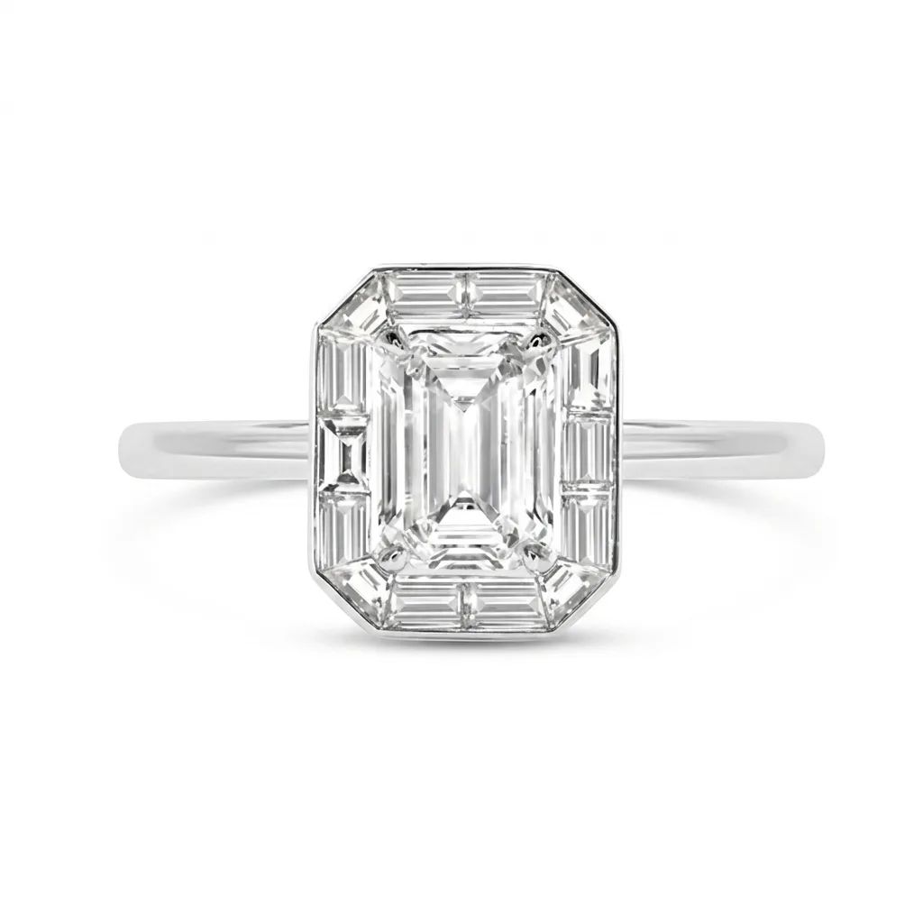 Emerald Cut Diamond Halo Engagement Ring in 950 Platinum