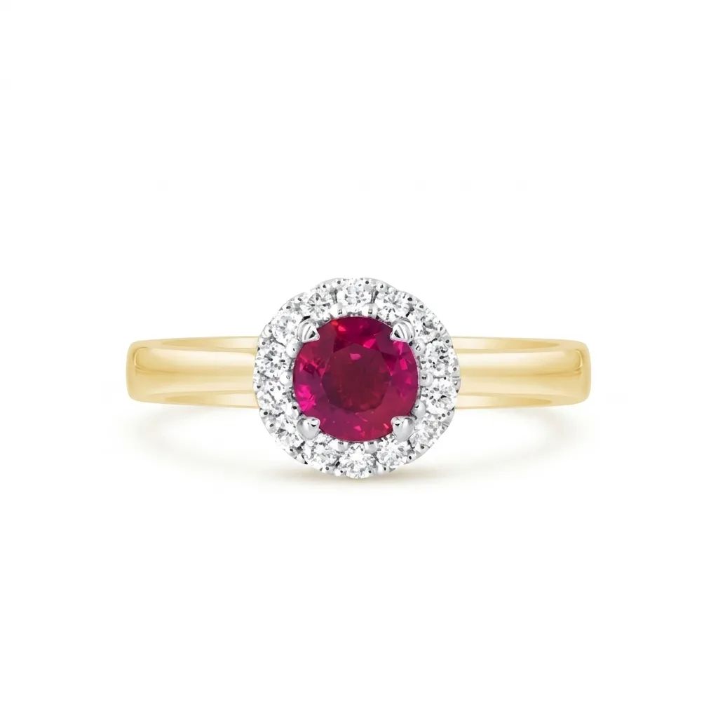 Round-Cut Ruby & Diamond Halo Engagement Ring in 18ct Yellow Gold