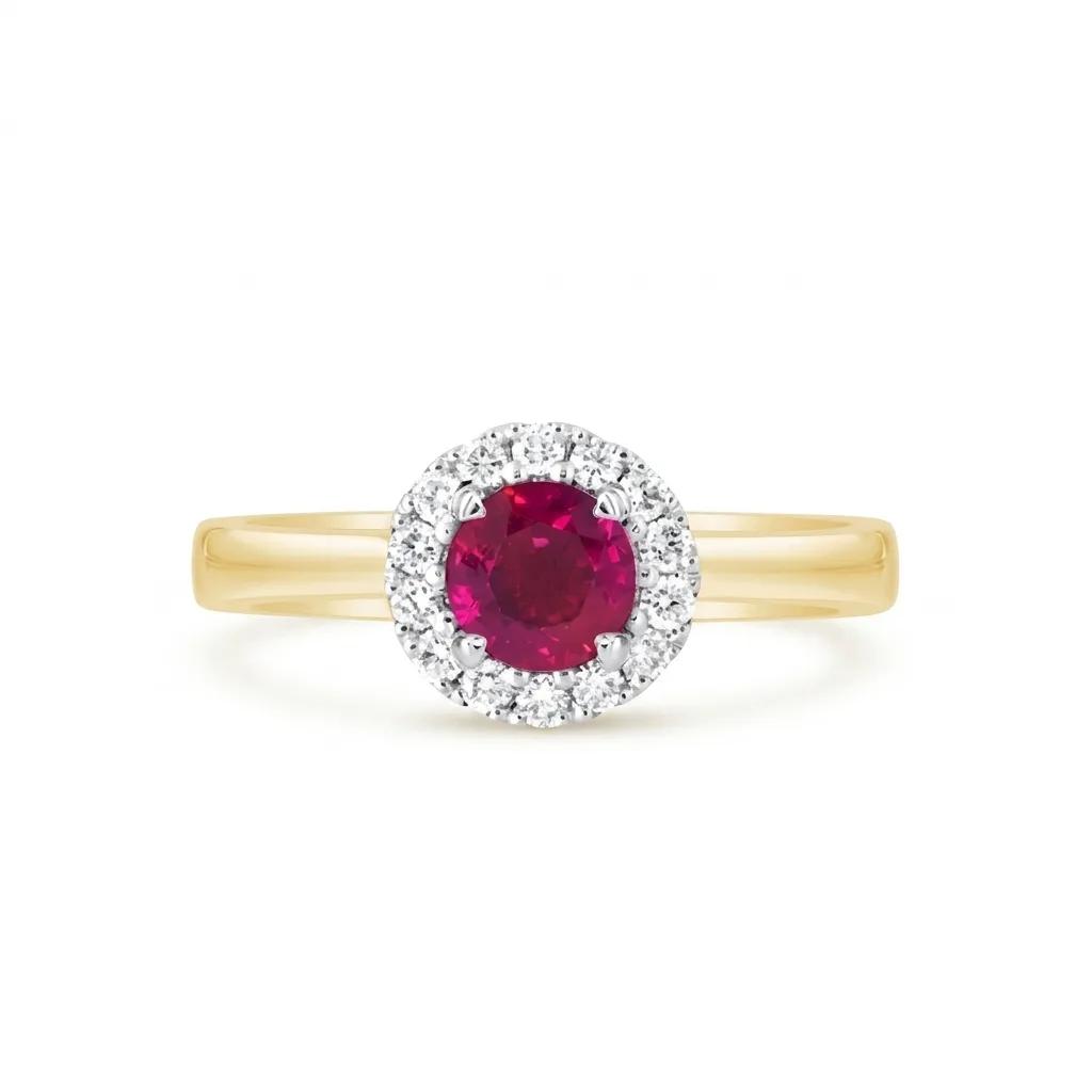 Round-Cut Ruby & Diamond Halo Engagement Ring in 18ct Yellow Gold