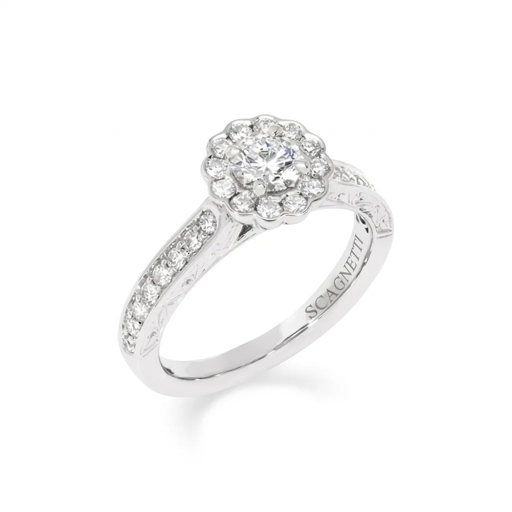 Floral Bezel Halo Ring in 18ct White Gold