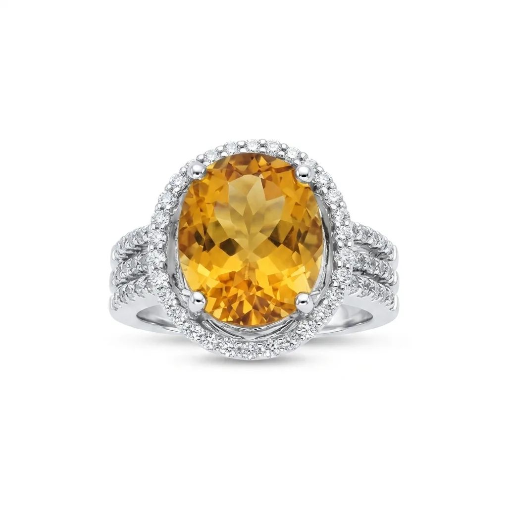 Citrine & Diamond Three Halo Engagement Ring in 18ct White Gold