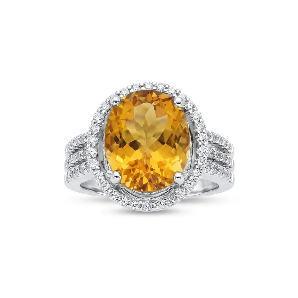 Citrine & Diamond Three Halo Engagement Ring in 18ct White Gold