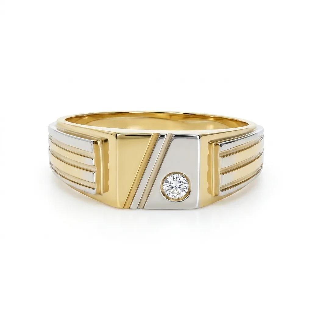 Mens Square Signet Ring in 18ct Two Tone Gold with Cubic Zirconia