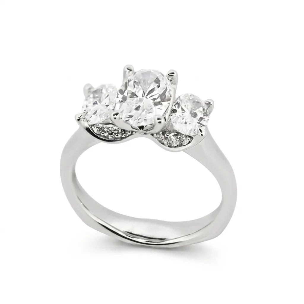 Oval Trilogy Ring in 18ct White Gold, Centre Diamond