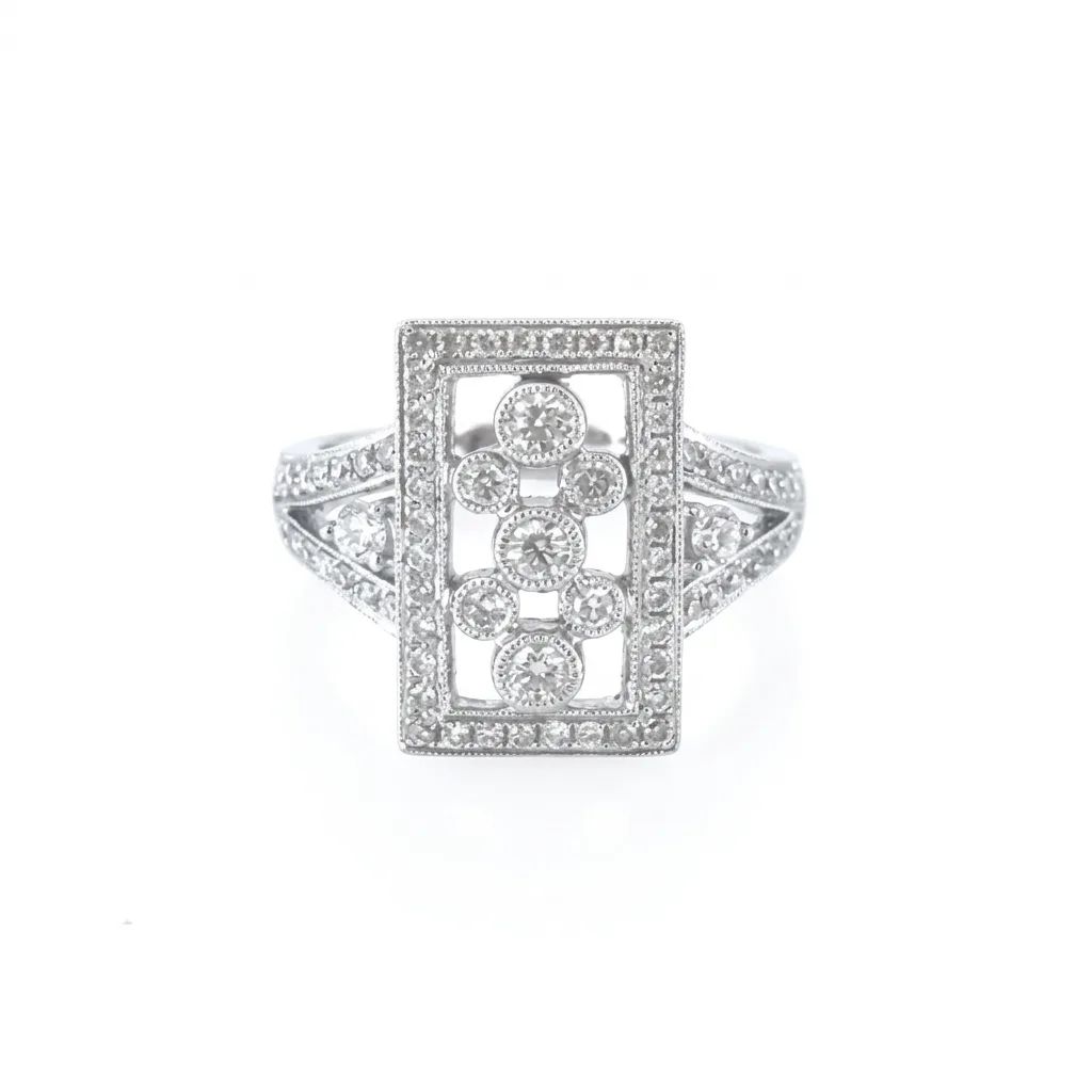 Rectangle Art Deco Milgrain Ring in 18ct White Gold