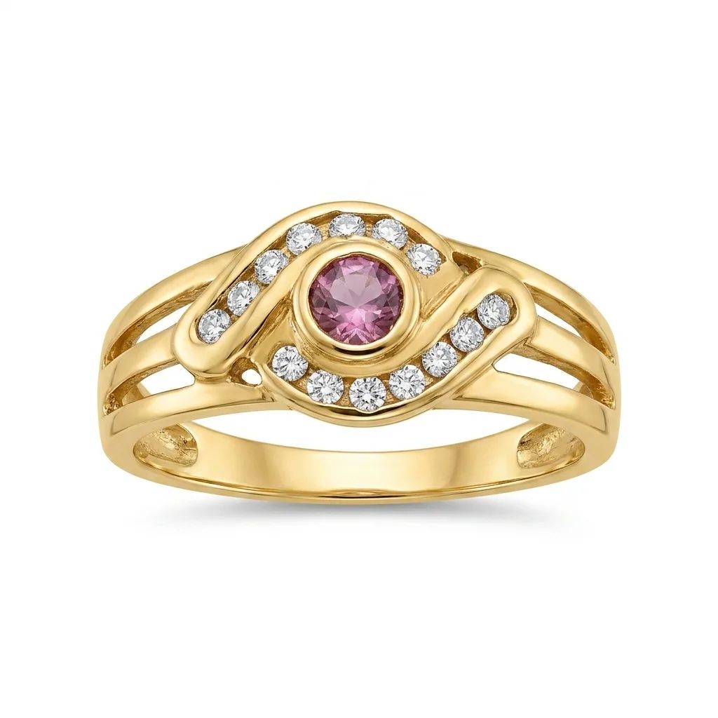 Bezel Set Pink Sapphire & CZ Ring in 9ct Yellow Gold