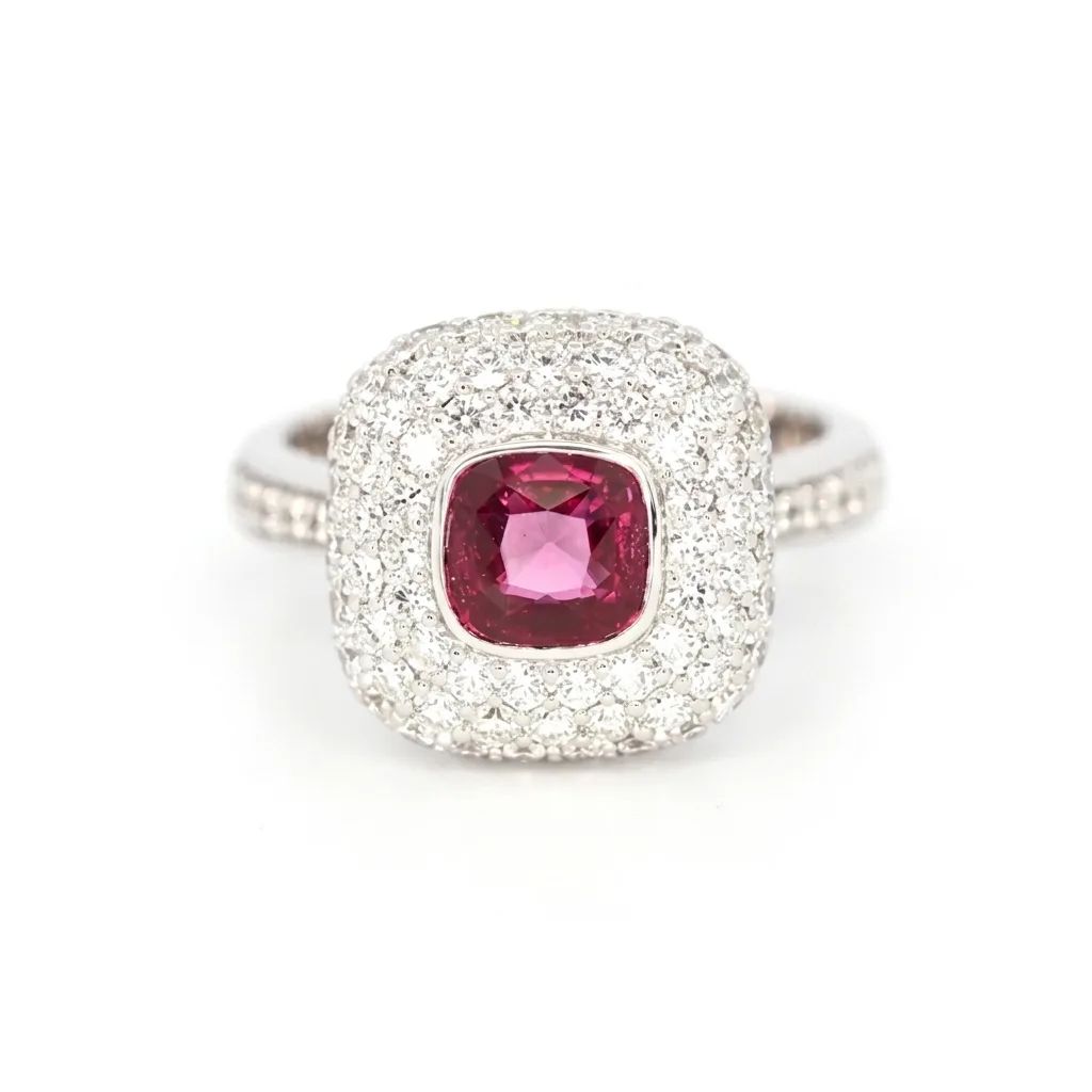 Ruby & Diamond Pave Ring in 18ct White Gold, Heat