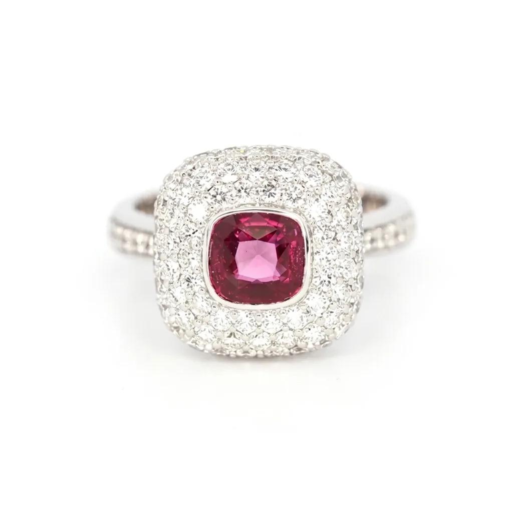 Ruby & Diamond Pave Ring in 18ct White Gold, Heat