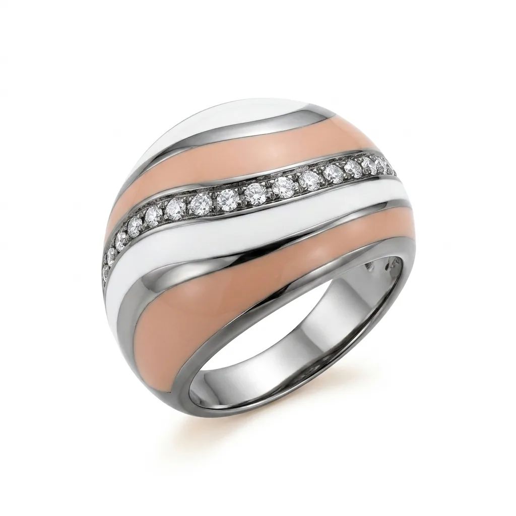 Beige Enamel Ring with Cubic Zirconia Row in 925 Sterling Silver