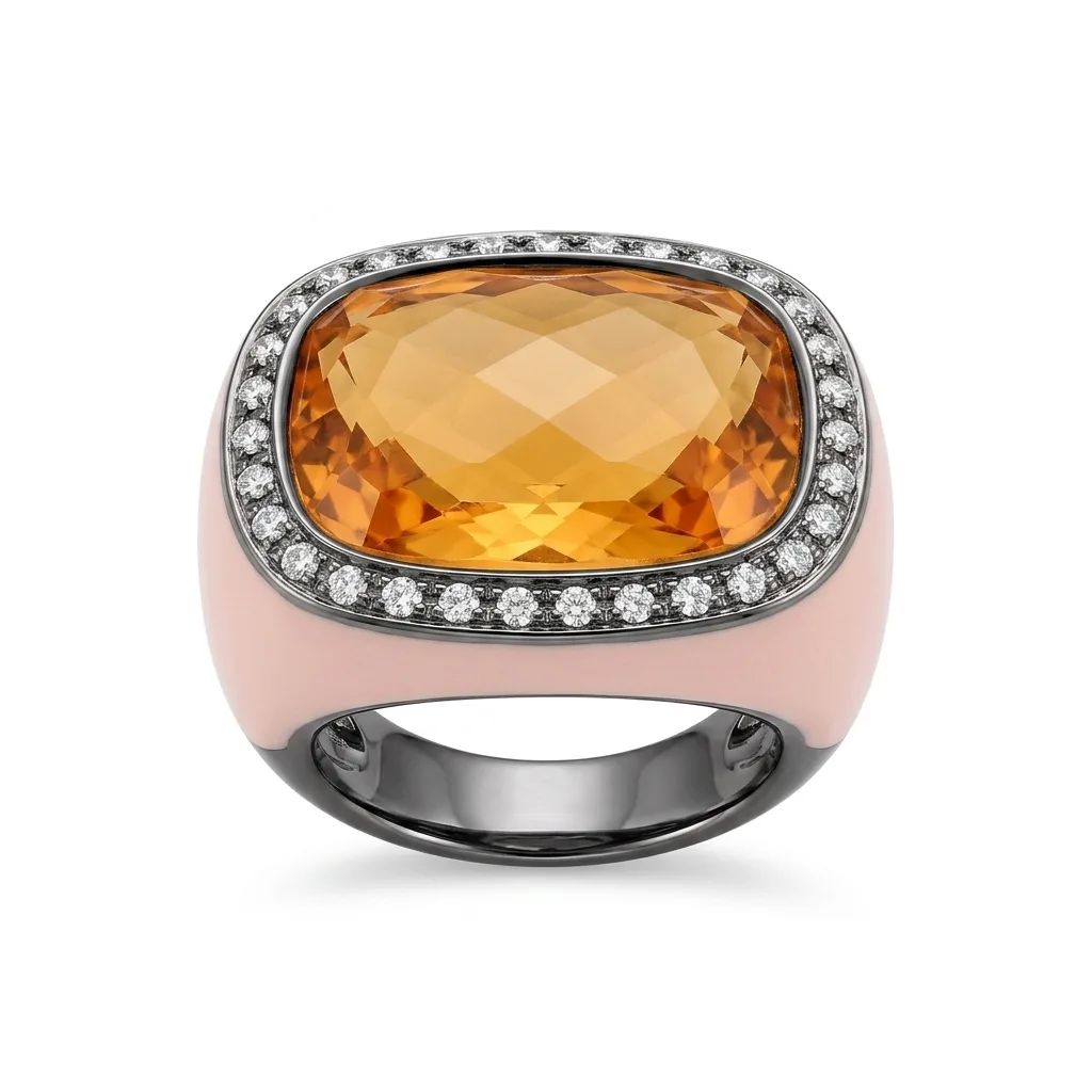 Rectangle Orange Quartz & Beige Enamel Ring in 925 Sterling Silver