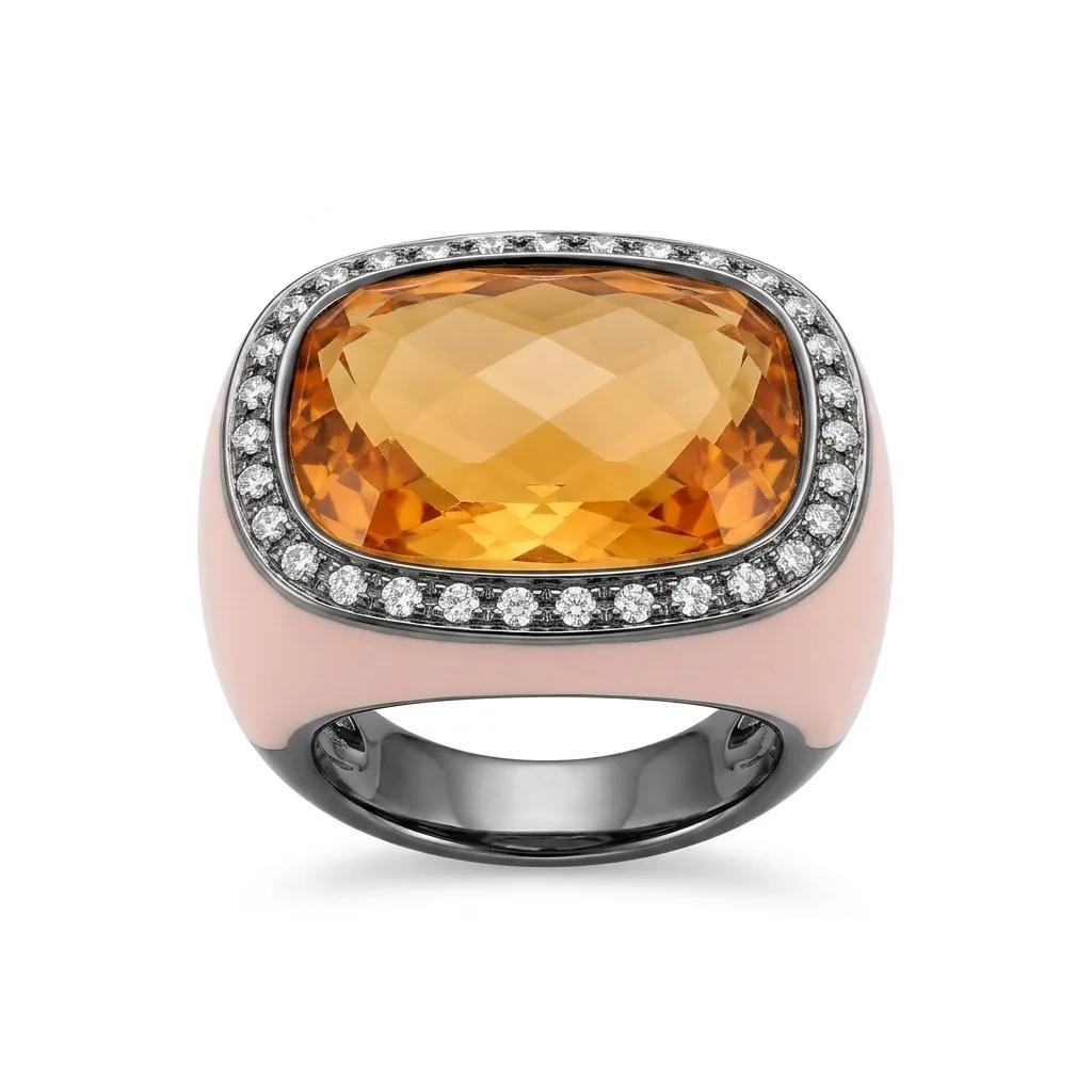 Rectangle Orange Quartz & Beige Enamel Ring in 925 Sterling Silver