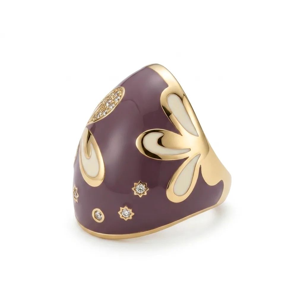 Plate Purple & White Enamel Flower Cubic Zirconia Ring