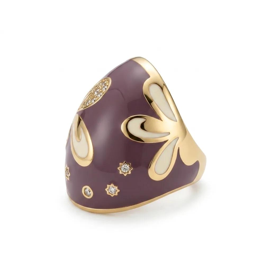 Plate Purple & White Enamel Flower Cubic Zirconia Ring