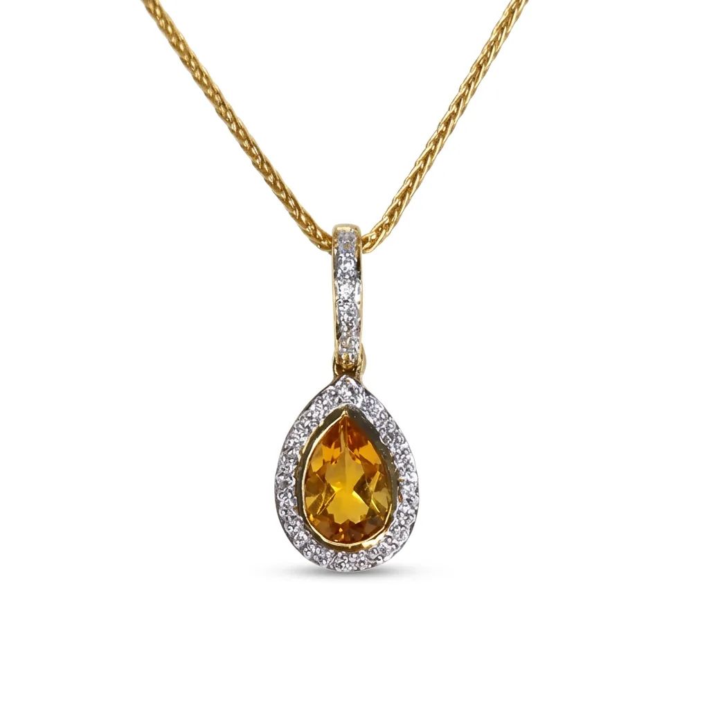 Citrine & Diamond Halo Pendant with Bale in Pear Shape