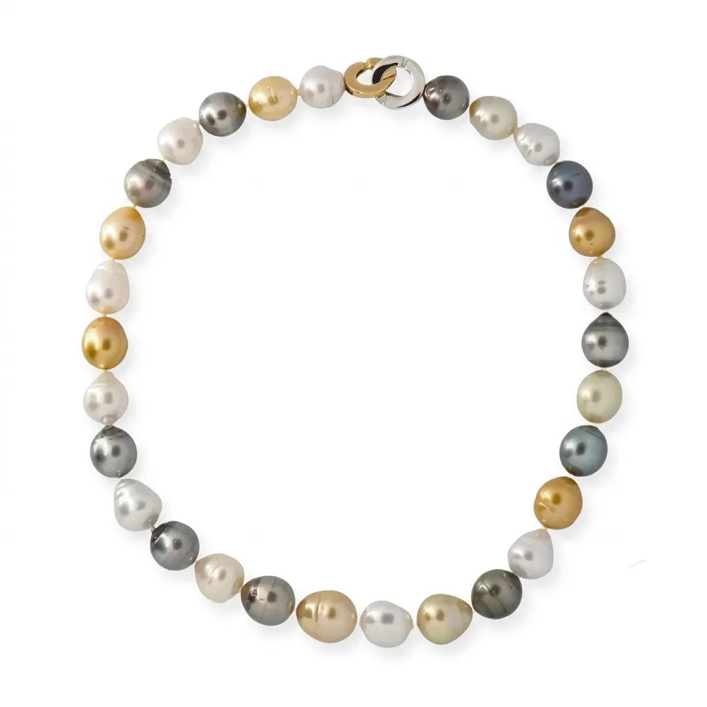 Baroque Mixed S.Sea Pearl & Diamond Necklace in 18kt Gold