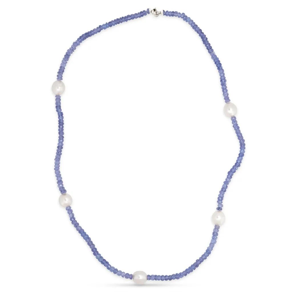 Multi Strand Tanzanite & Broome Pearl Necklace in 18ct White Gold, Round Clasp
