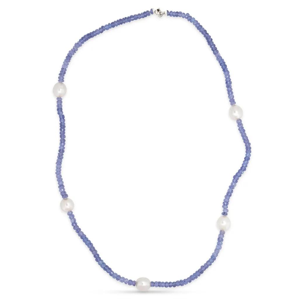 Multi Strand Tanzanite & Broome Pearl Necklace in 18ct White Gold, Round Clasp