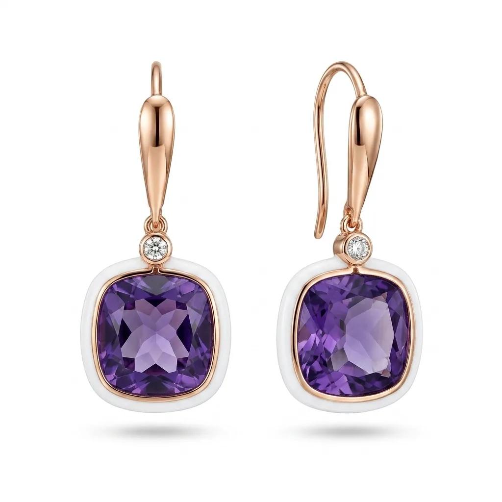 Purple Quartz & Enamel Drop Earrings in Rose Gold Plated Silver