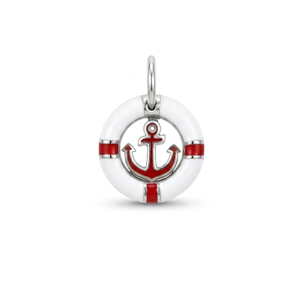 Lifesaver Bouy Pendant in 18ct White Gold, Blue & Red Enamel