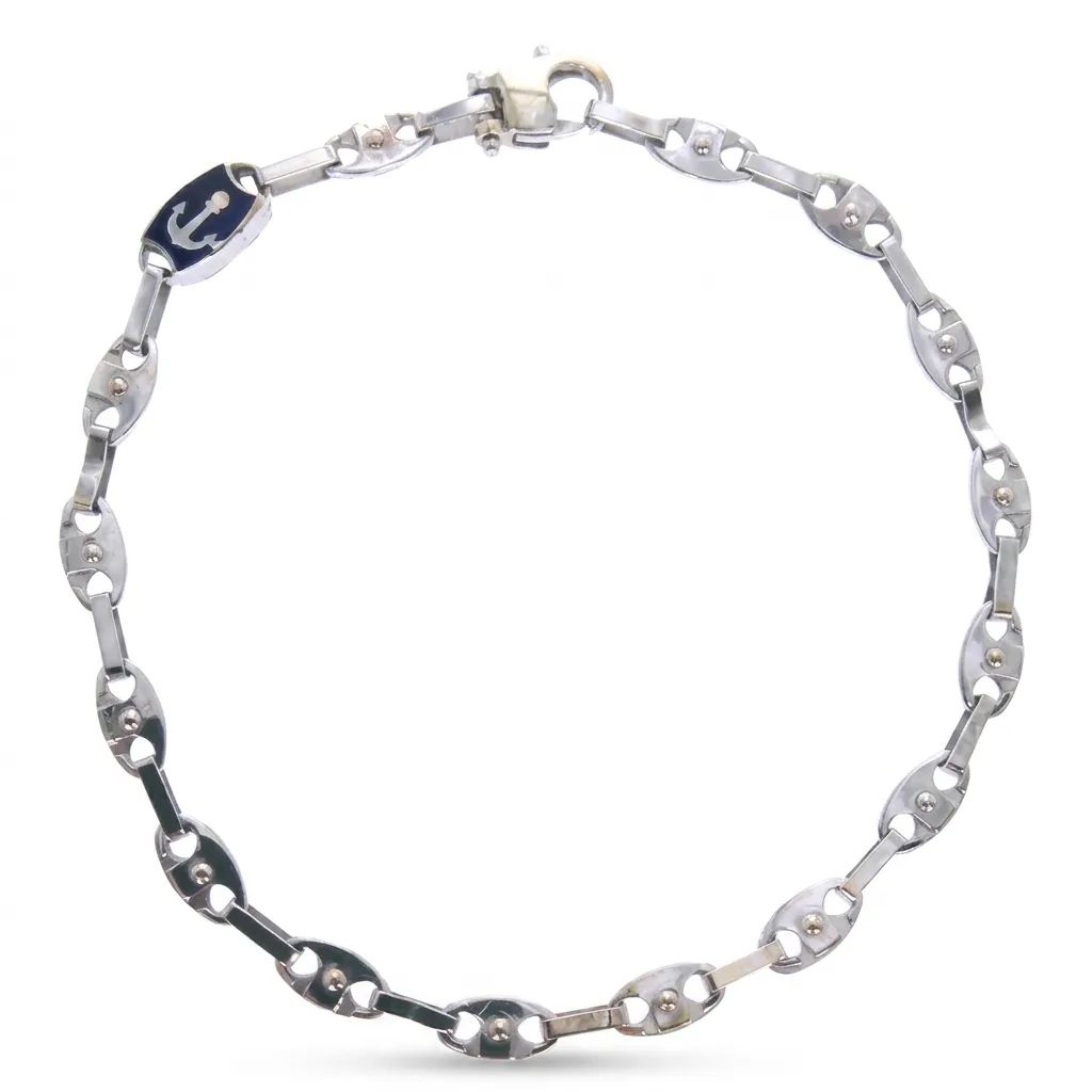 Oval Nautical Enamel Link Bracelet in 18ct White Gold, 21.5cm
