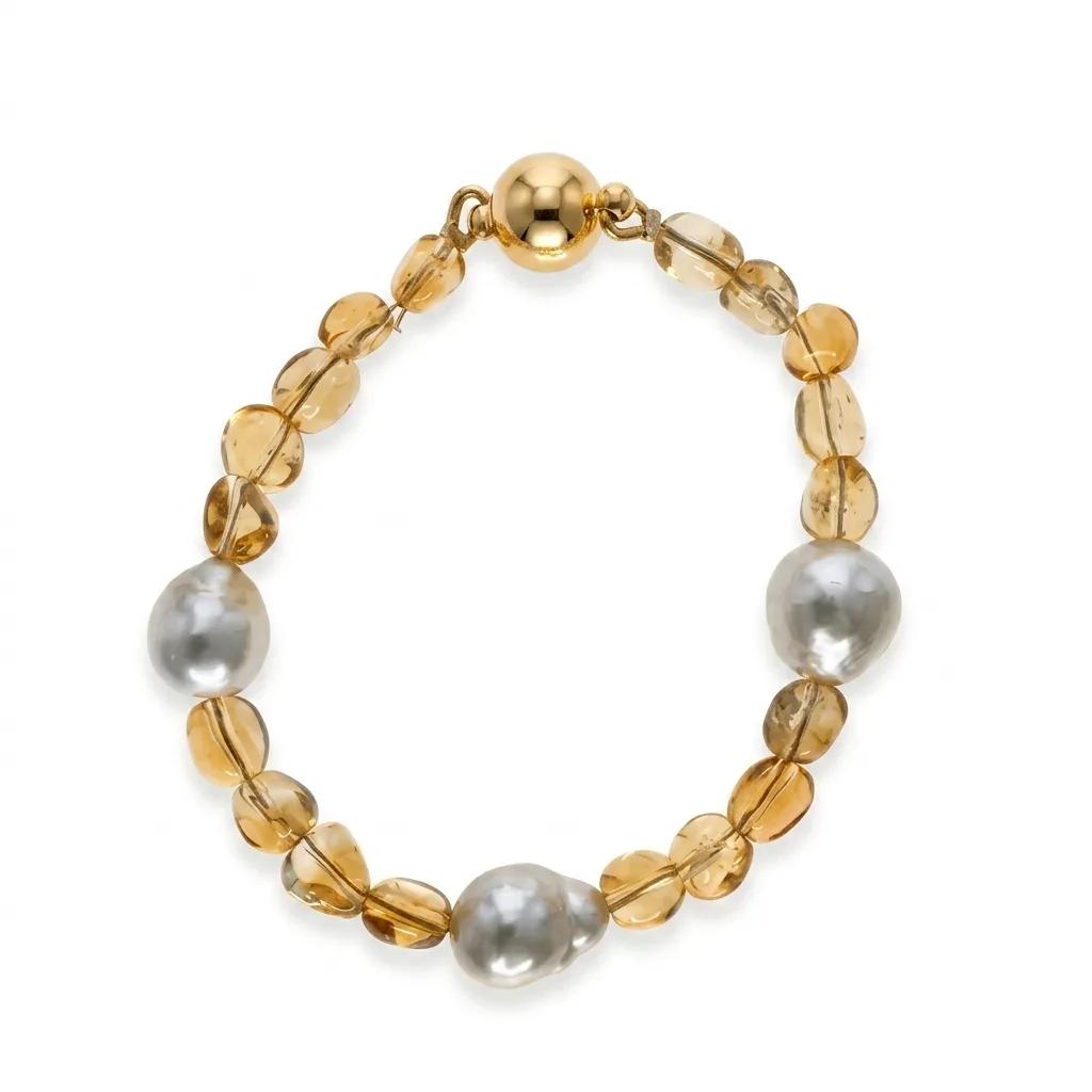 Golden Bracelet with Australian South Sea Pearl & Carnelain, 18cm