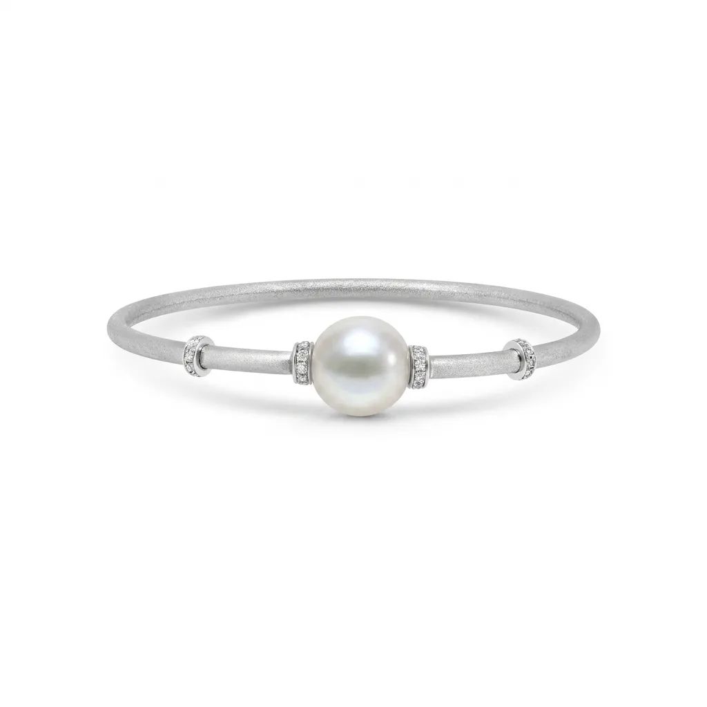 Satin Finish Bangle with Broome Pearl & Diamonds in 18k White Gold