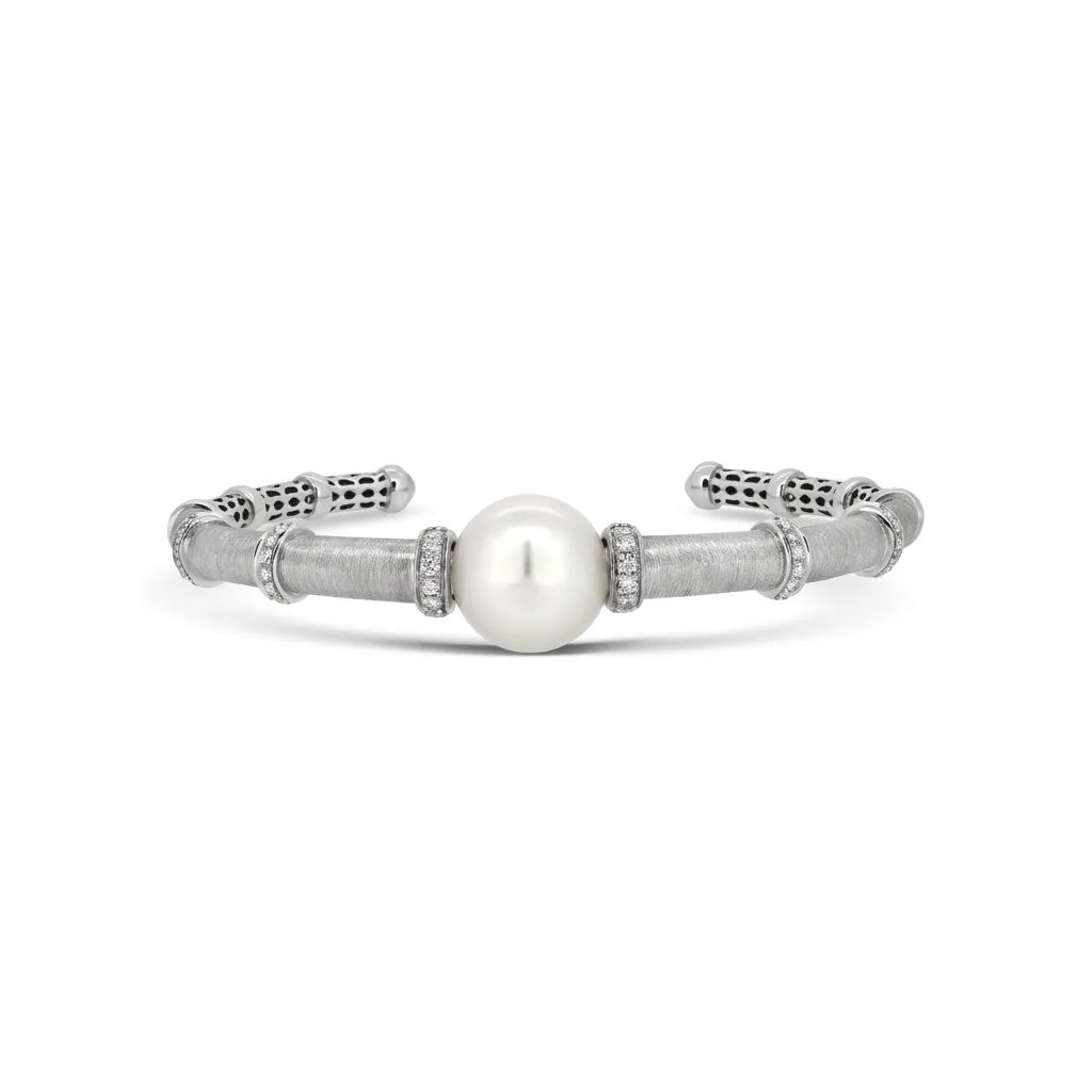 Satin Open Bangle in 18ct White Gold with Broome Pearl & Diamonds