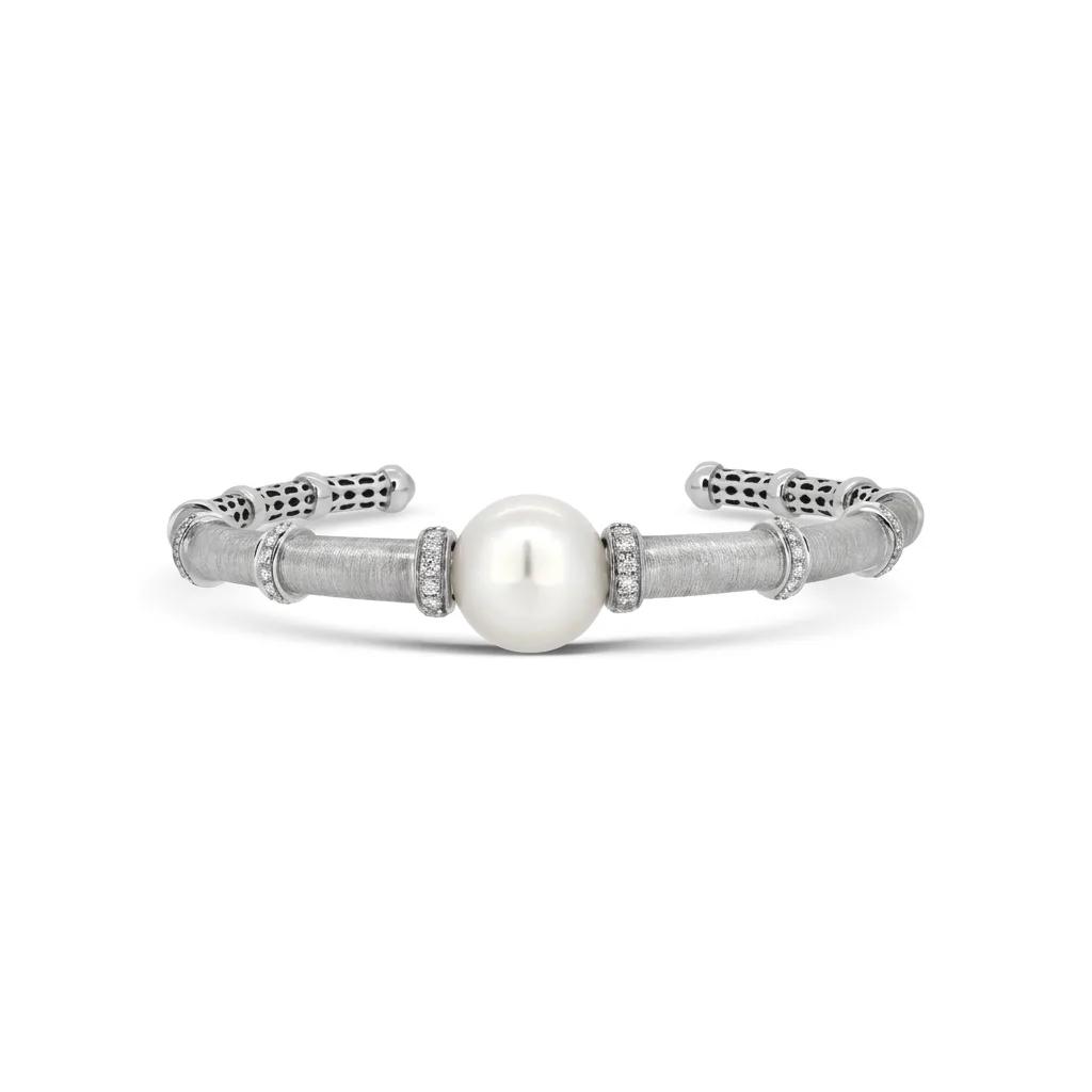 Satin Open Bangle in 18ct White Gold with Broome Pearl & Diamonds