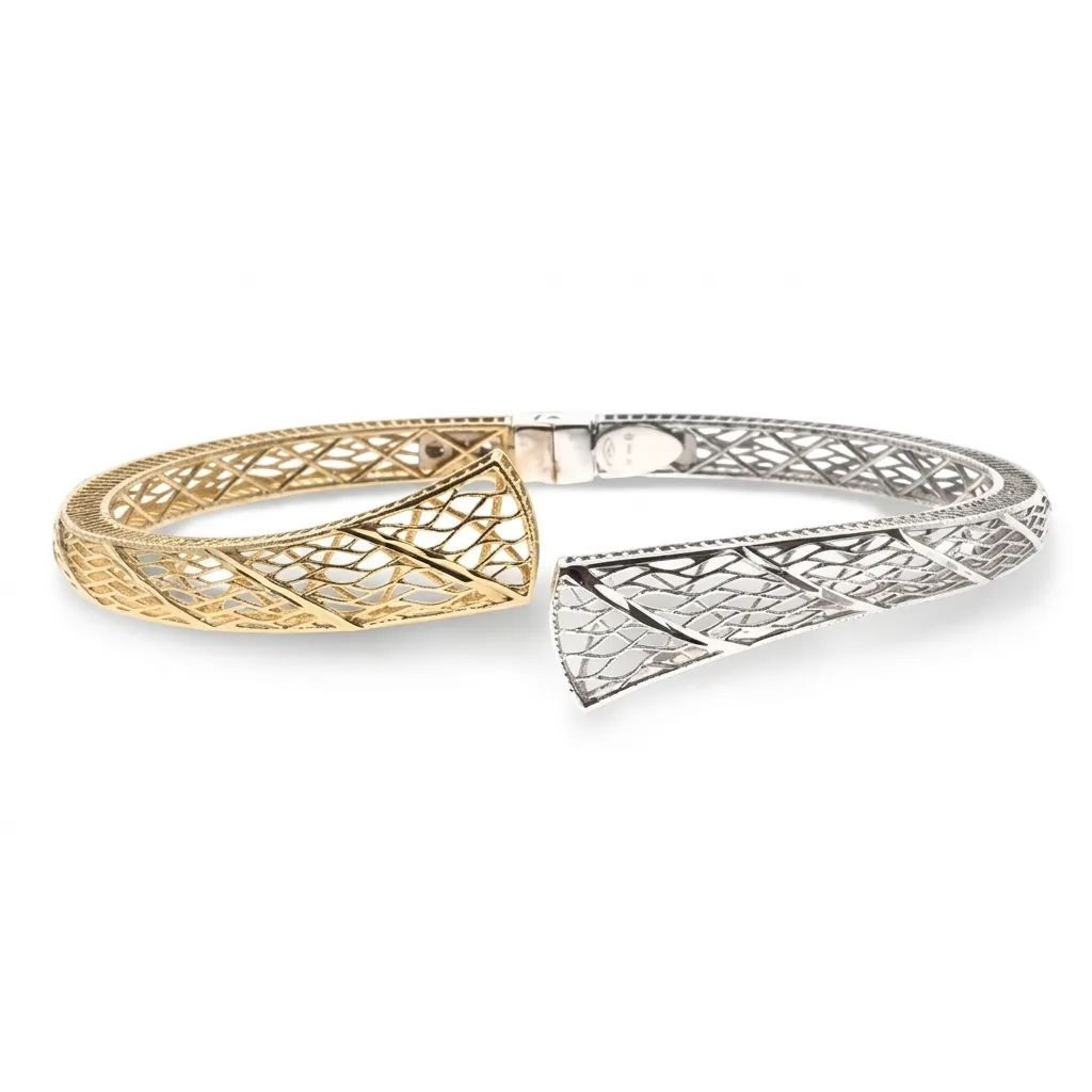 Two-Tone Gold Mesh Hinged Bangle with Diamonds