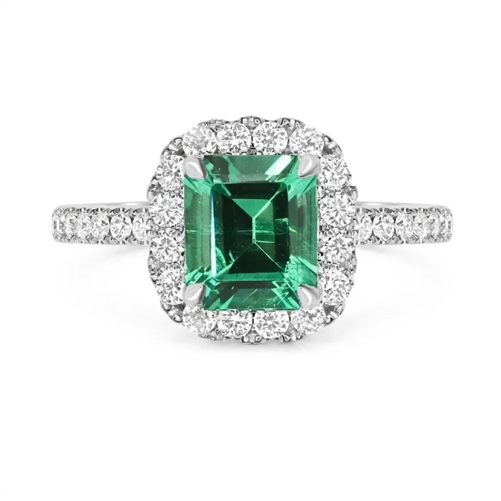 Emerald & Diamond Halo Engagement Ring in 950 Platinum