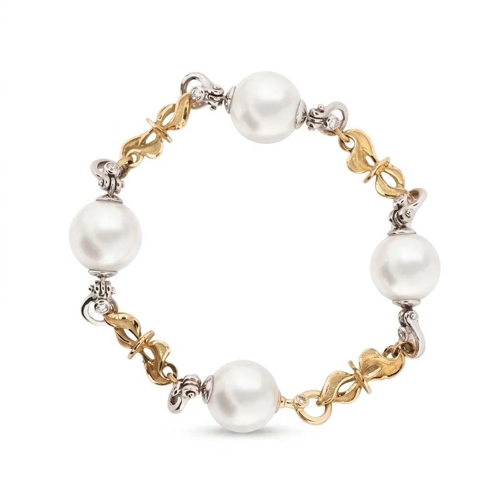 Sculpture Link Bracelet in 18ct Yellow Gold with Broome Pearls & High-Quality Natural Diamonds