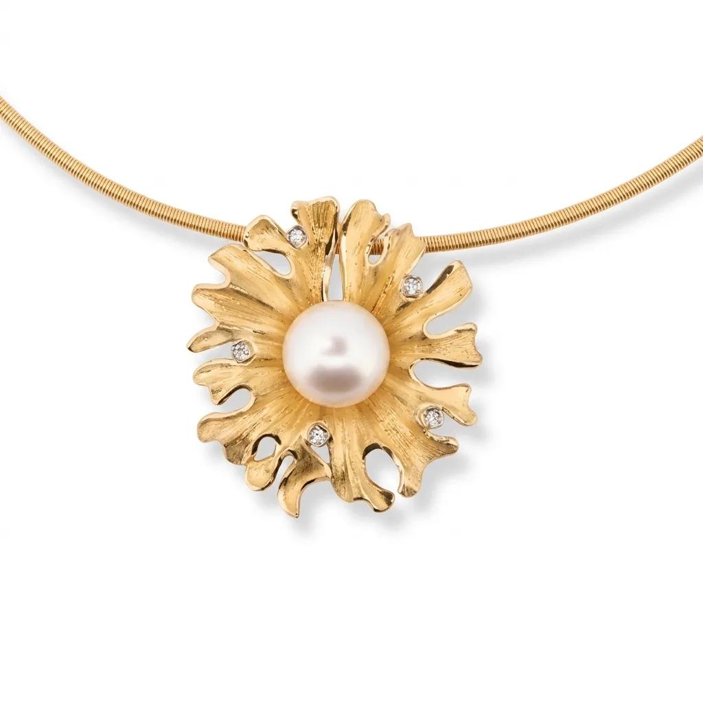 Coral Sculpture Pendant with Round Broome Pearl in 18ct Gold