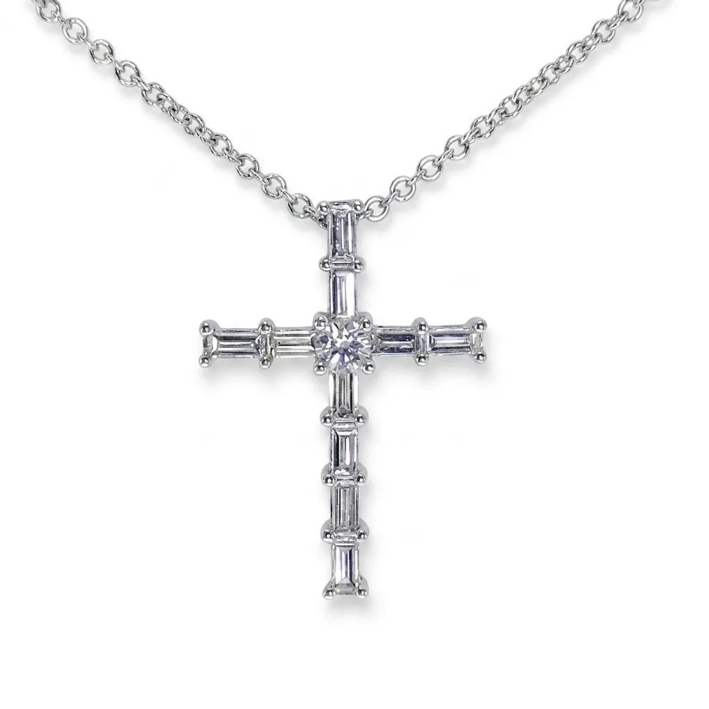 Baguette Diamond Cross Pendant in 18k White Gold
