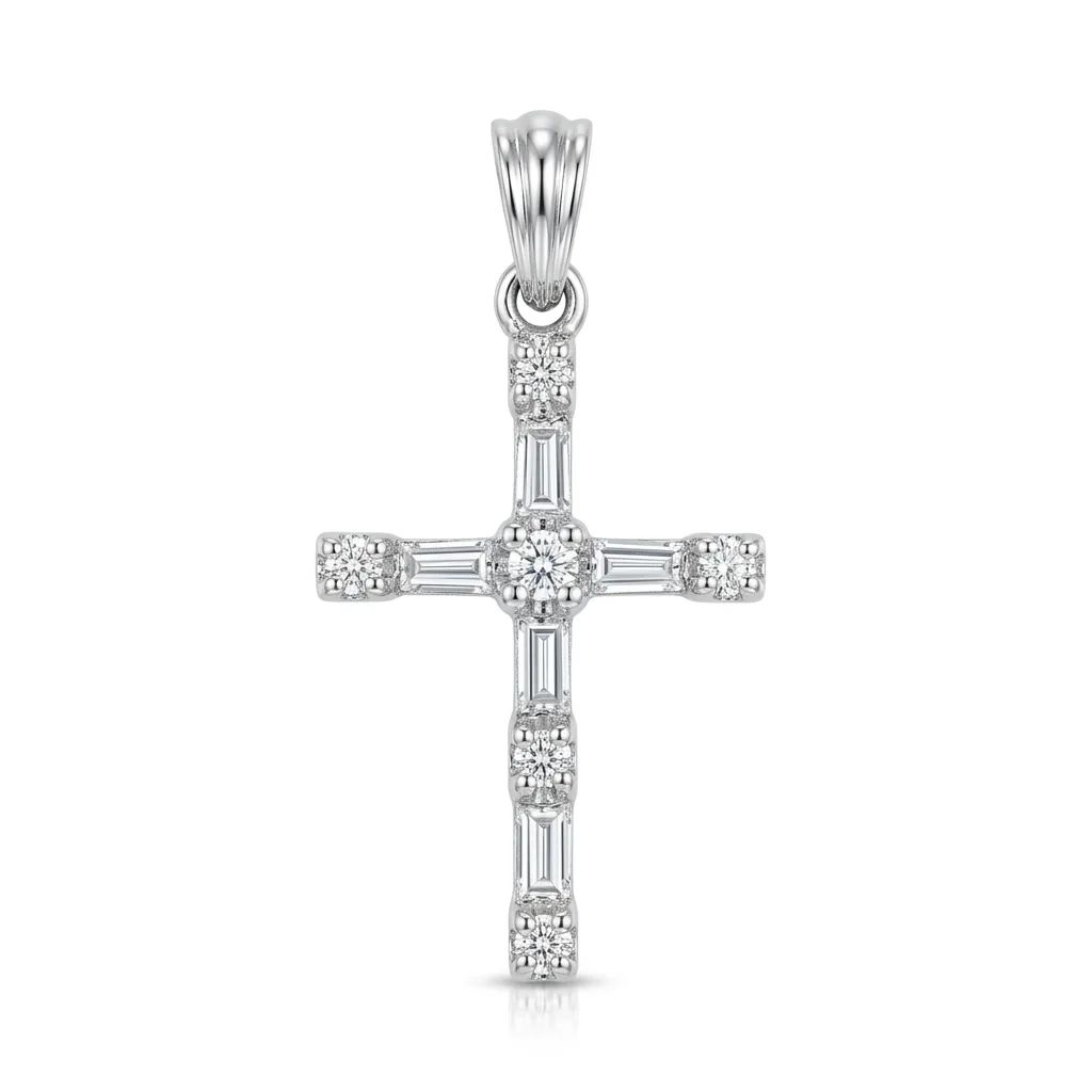 Baguette & Round Diamond Cross Pendant in 18ct White Gold