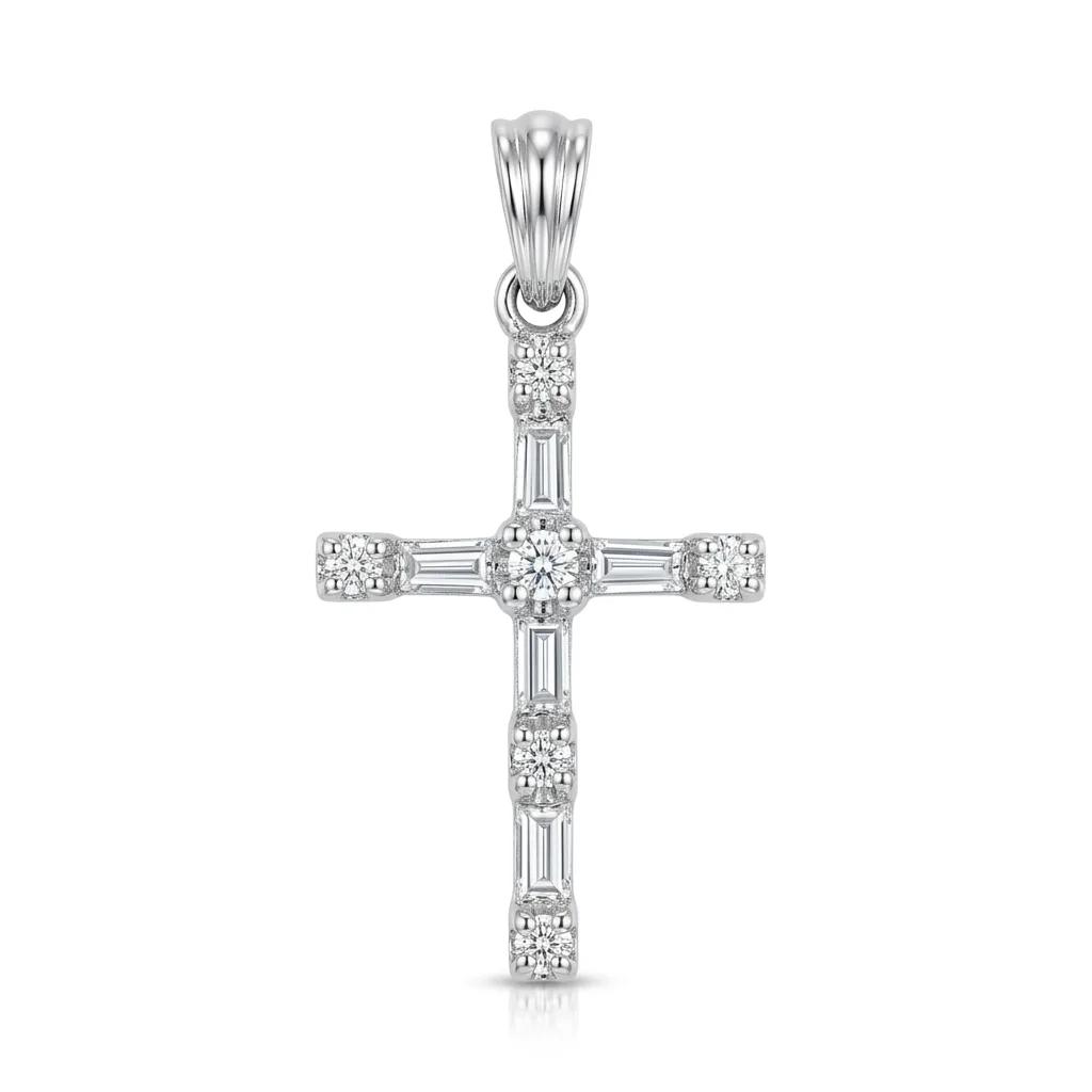 Baguette & Round Diamond Cross Pendant in 18ct White Gold